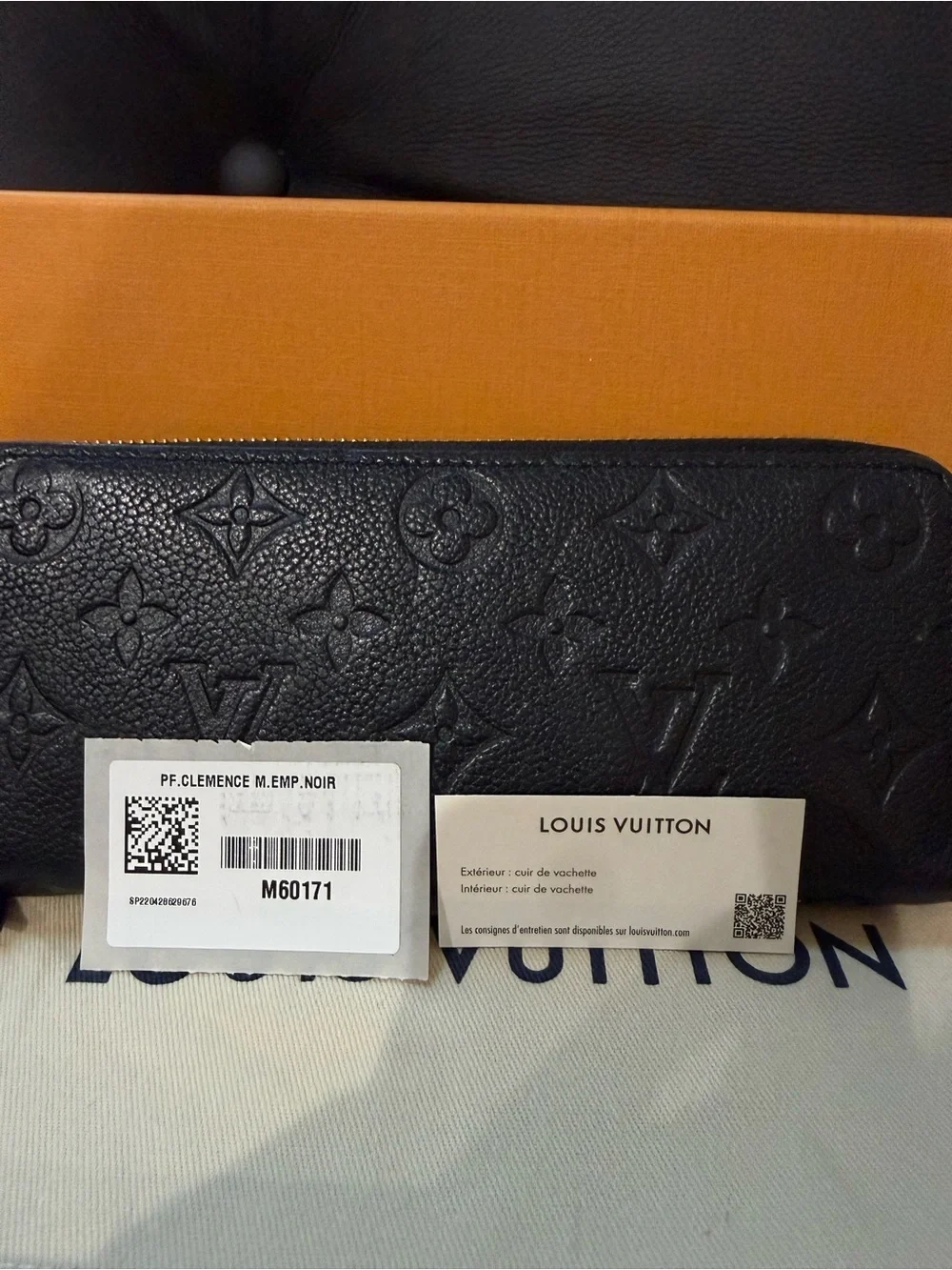 Louis Vuitton Clémence Black Monogram Zip Wallet in Embossed Leather With Box
